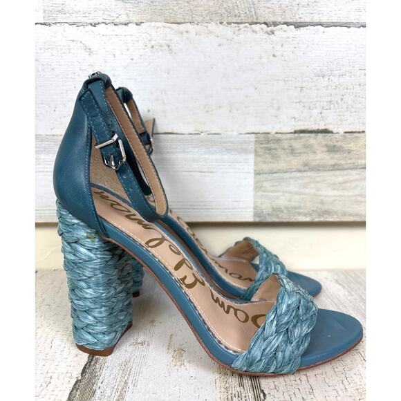 Sam Edelman Women’s 7 Blue Yoana Raffia Leather Ankle Strap Heeled Sandals - Picture 2 of 9